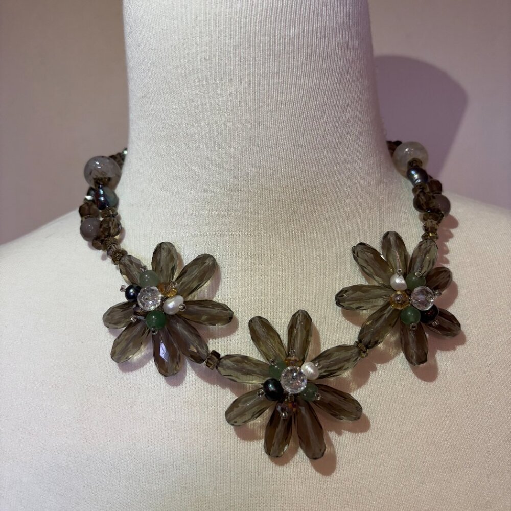 Anthropologie smokey glass bead flower necklace